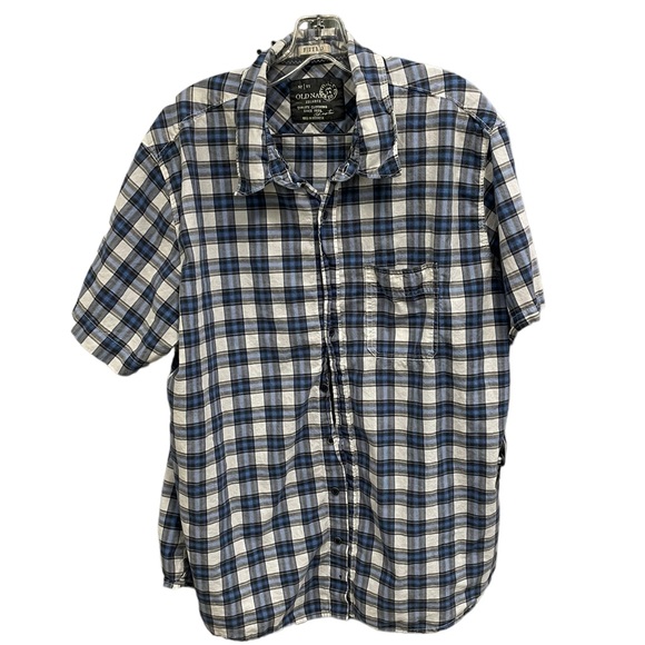 Old Navy Fitted Casual Button Short Sleeve Shirt Blue Plaid Size XXL - Picture 2 of 4